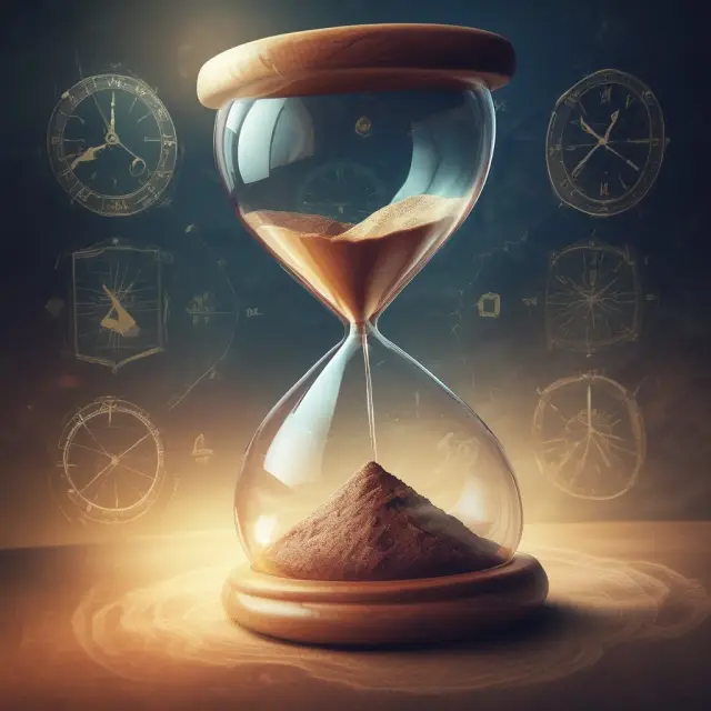 An hourglass filled with various sector symbols representing dynamic shifts in the OEX index while trading call and put options.