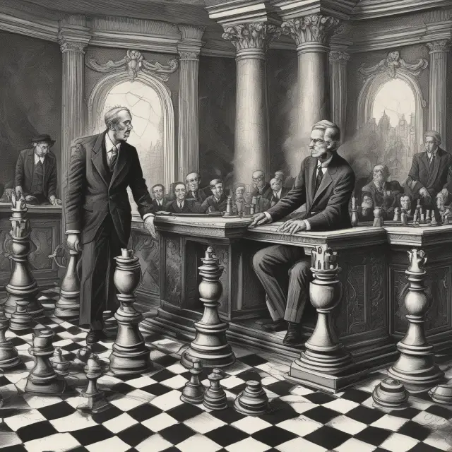 An OFAC agent plays chess, using congressional legislation (pawns) and presidential powers (rooks), representing the enforcement of international sanctions on a global scale.