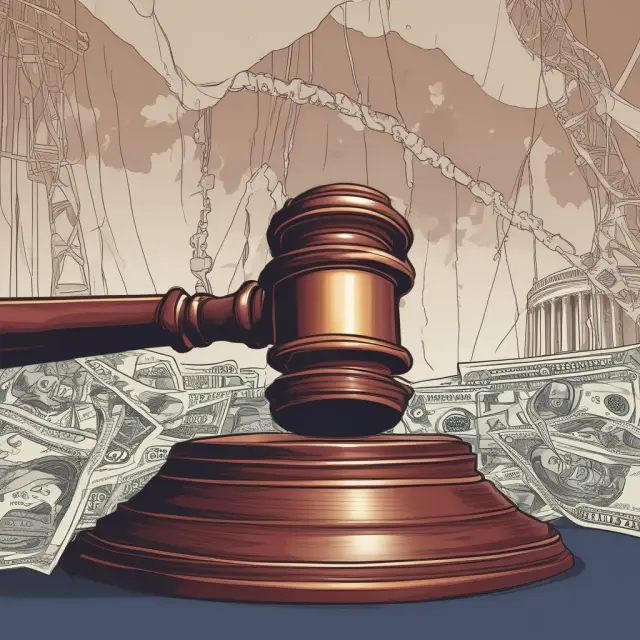 An OFAC agent wielding a gavel breaks apart economic chains symbolizing trade restrictions