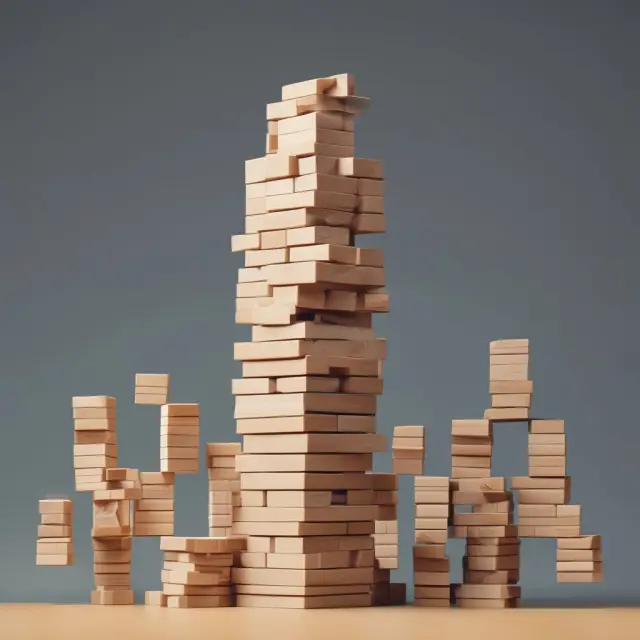 Jenga blocks symbolizing leaseback assets stacked on a tower representing off-balance sheet financing. SPEs handle the transactions, ensuring transparency and investor protection.