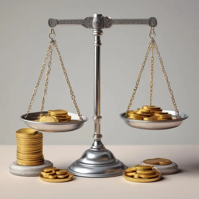 Gold and silver coins balanced on a scale with a magnifying glass hovering over them, representing the benefits and disadvantages of off-balance sheet financing.