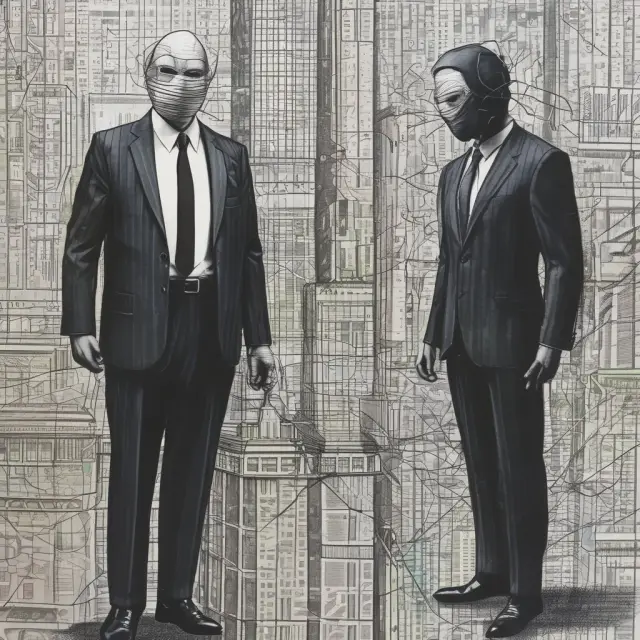 Masked figures Enron and Parmalat concealing losses via off-balance sheet financing techniques, connected by a deceptive web