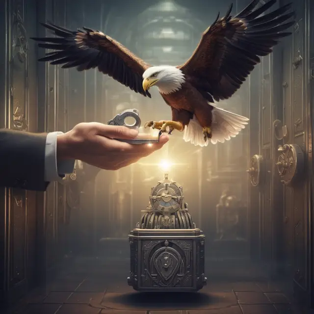 Trustful hands exchange digital keys inside a secure vault guarded by an eagle, symbolizing trustworthiness and security during off-chain transactions.