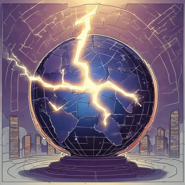 A lightning bolt strikes a globe representing blockchain, illustrating the impact and scalability of off-chain transactions