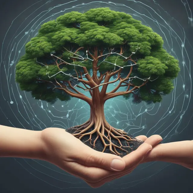 Regulation tree with roots growing in a decentralized network, symbolizing off-chain transactions within an evolving regulatory landscape