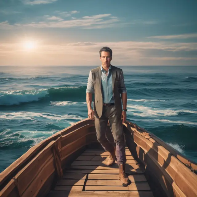 An entrepreneur sailing a boat through serene, yet unexplored waters, symbolizing the untapped market opportunities.