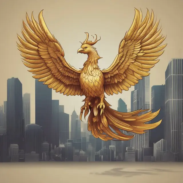 Golden phoenix soaring above competitors, symbolizing the advantages of being a first-mover in business.