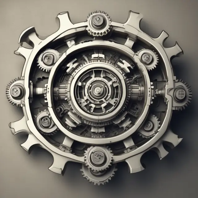 Gears turning with creative designs represent R&D investment and technological advancement in offensive strategies.