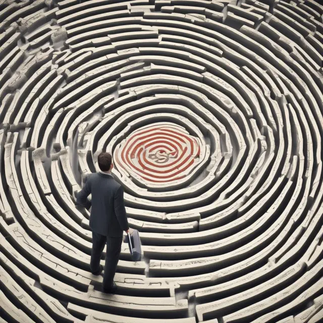 A person traverses a maze towards an Offer in Compromise Pre-Qualifier tool as they gather required documents and financial information.