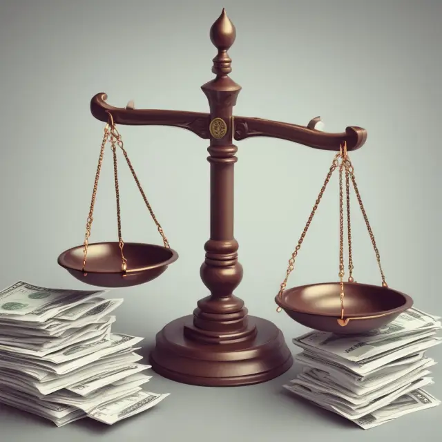 An image of a balance scale with assets on one pan, liabilities in the other, and a person holding an expense bag, symbolizing tax debt resolution.