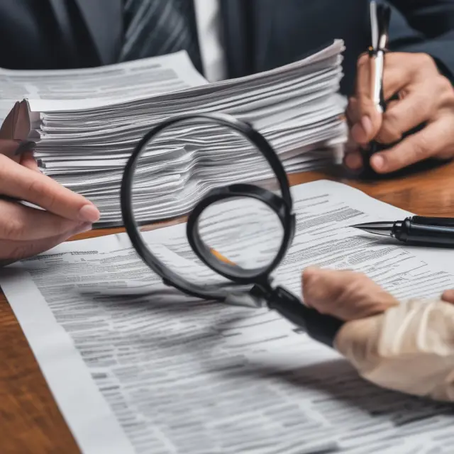 An IRS investigator examines a mountain of documents under a magnifying glass, emphasizing the comprehensive review process during Offer in Compromise applications