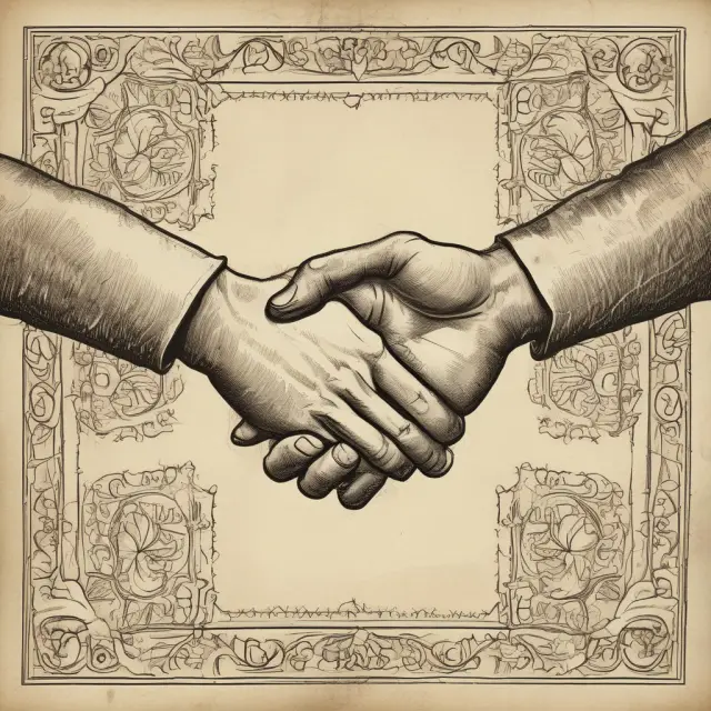 Two hands shaking on a table with parchment scrolls depicting a conditional proposal and its binding acceptance.