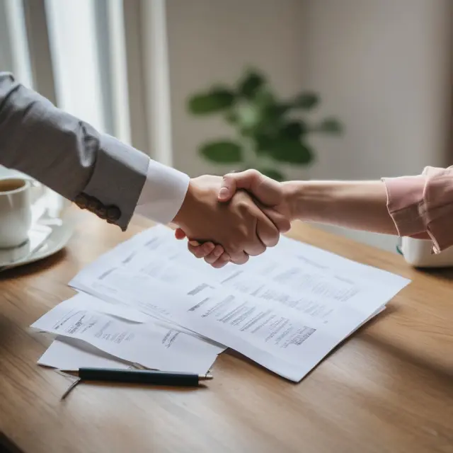 Buyer and seller shaking hands over real estate offers on a deal table