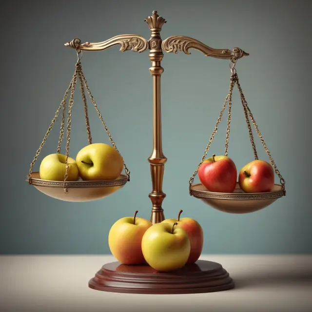 An underwriter meticulously determining the offering price for a public equity offering using a set of scales balanced with apples representing shares