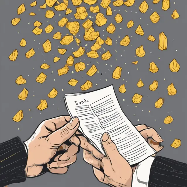 Golden contract with rain of salary, bonuses, and benefits falling down.