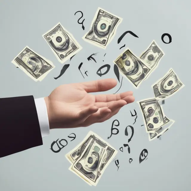 An image of an outstretched hand holding a pile of diverse currencies surrounded by question marks.