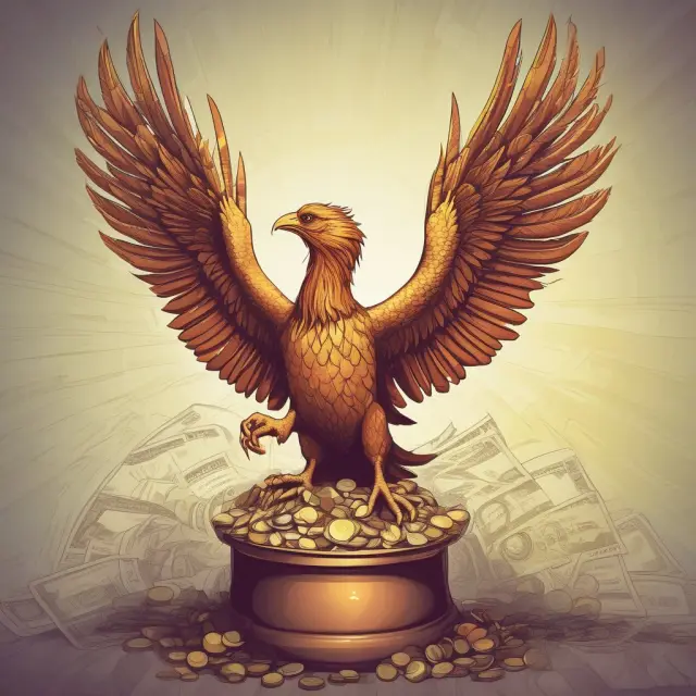 An image of a mythical phoenix emerging from a golden pot atop an open financial ledger, emphasizing the risky yet potentially rewarding nature of Initial Public Offerings (IPOs)