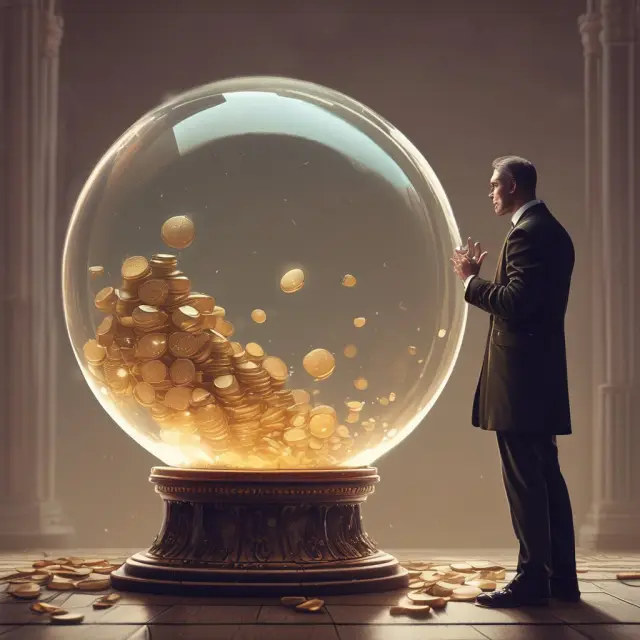 A curious investor examines a crystal ball filled with golden coins, symbolizing potential investment returns from a successful IPO