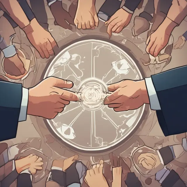 A hand passing an offering circular to another hand, with both parties gazing at the document under a tree of growth
