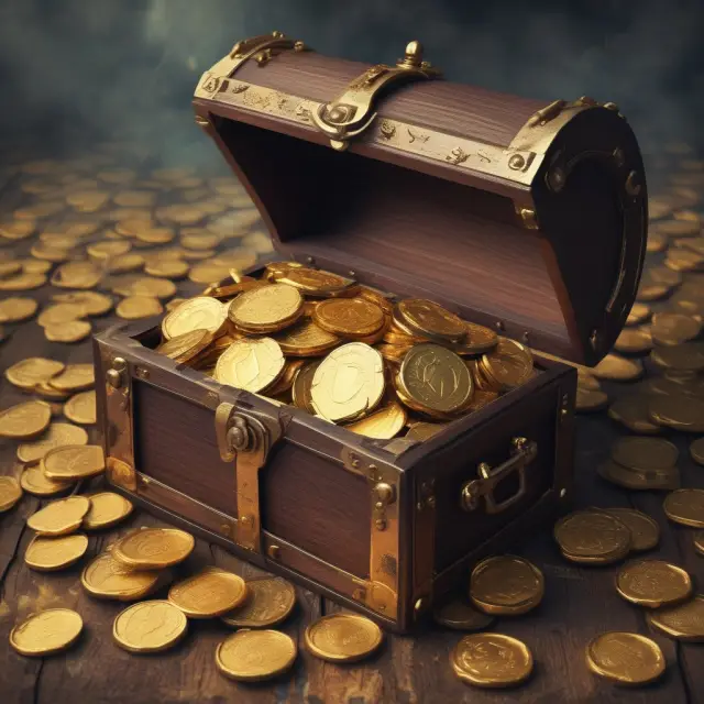 Golden treasure chest brimming with coins symbolizing comprehensive investment data in an Offering Memorandum.