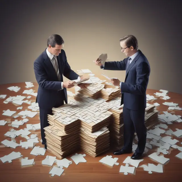A lawyer and investment banker assemble a jigsaw puzzle symbolizing the creation of an offering memorandum, ensuring all legal documents align.