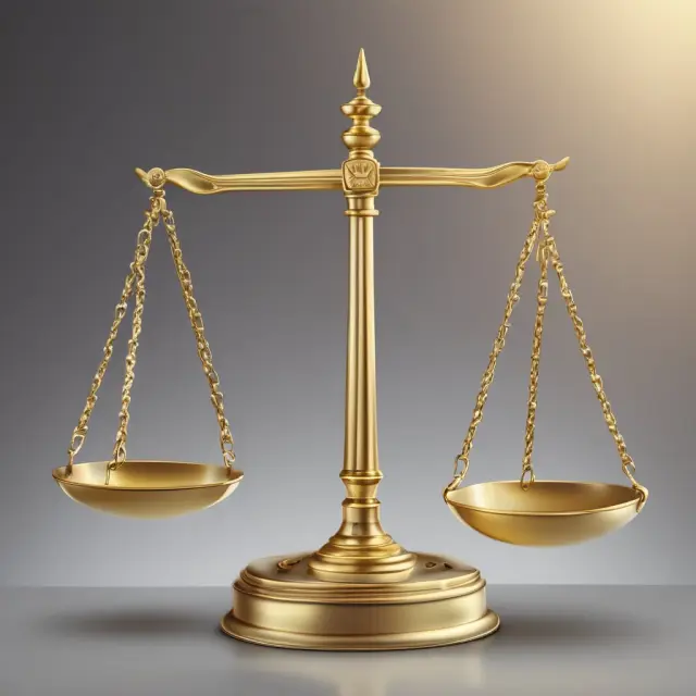 An ornate golden scale balances two weights labeled 