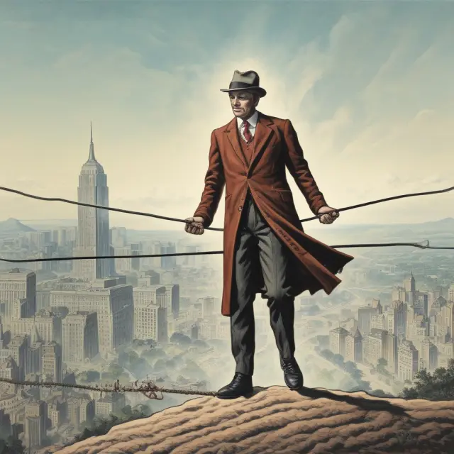 An underwriter maintaining balance on a tightrope, symbolizing the delicate task of setting fair offering prices for successful IPOs