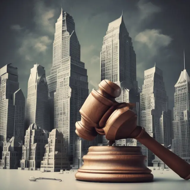 Comptroller holding a gavel in front of an array of bank towers, illustrating regulatory control over banking industry