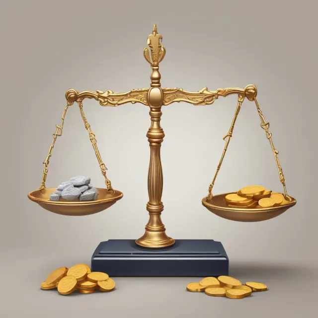 Scale with gold coins symbolizing current account and precious gems depicting capital account in official settlement accounting