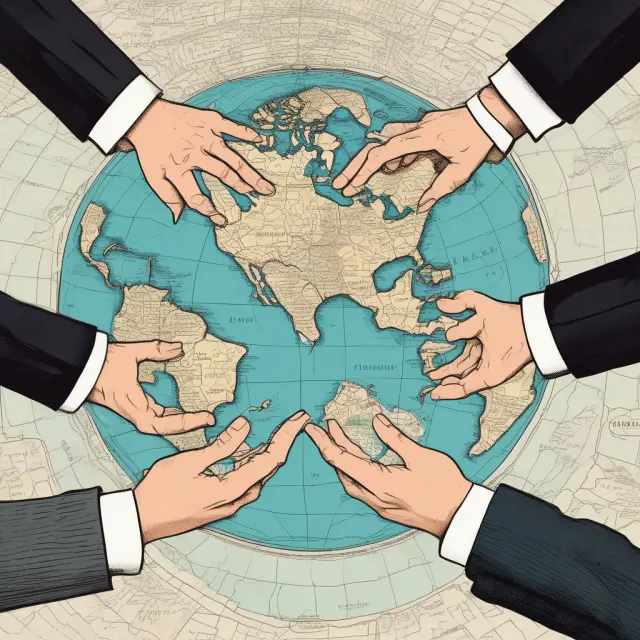 Two hands representing Central Banks exchanging globe-shaped settlement accounts over a world map at the Bank for International Settlements