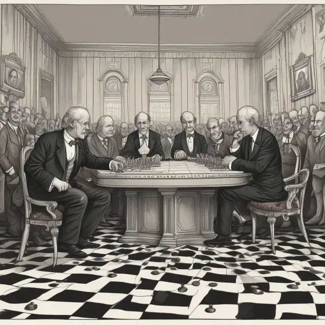 Central banks strategize around the chessboard representing their official settlement accounts, with BIS acting as referee to maintain balance in global economy.
