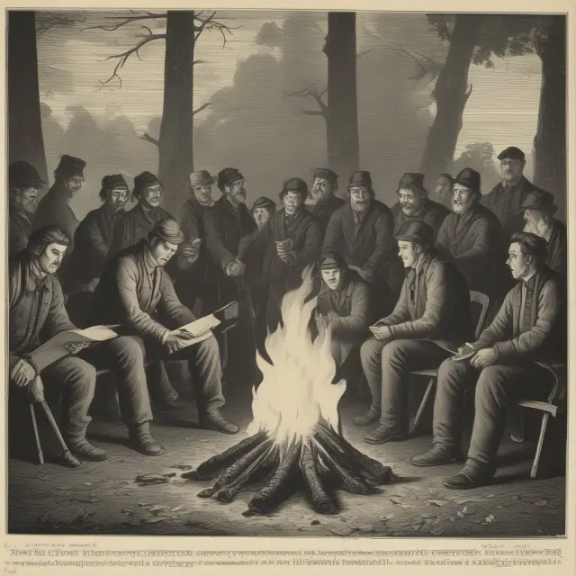 Workers huddled around a fire, safeguarded by legal documents, illustrating labor union