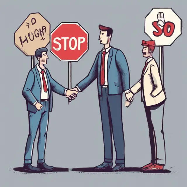An employer in a business suit stands between two workers - one with a stop sign and another extending a hand for unity. This metaphor illustrates the consequences of labor disputes on employers.
