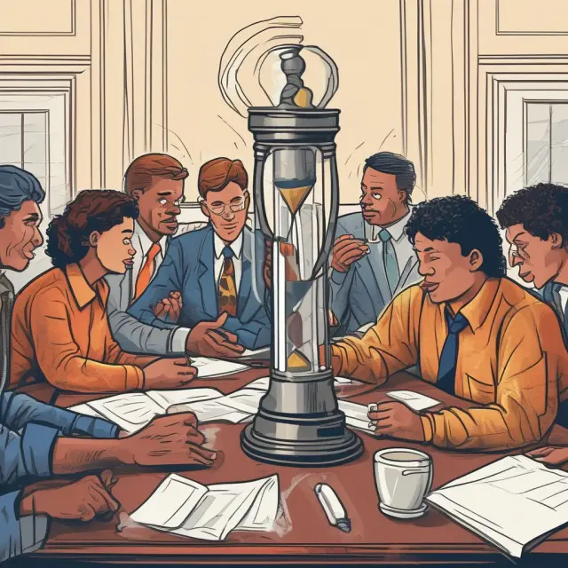 An employer and union representatives sit at a bargaining table with an hourglass between them, emphasizing the importance of finding a resolution during a labor strike.
