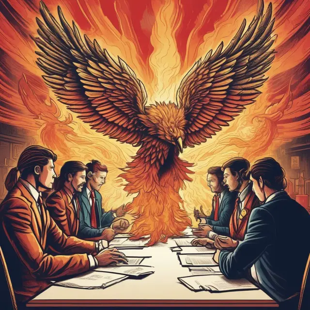 A union representative and employer negotiating at a table. A phoenix rises, symbolizing potential strike action following unsuccessful bargaining