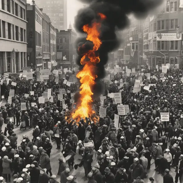 Workers united around a symbolic flame, representing the power of strikes throughout history.