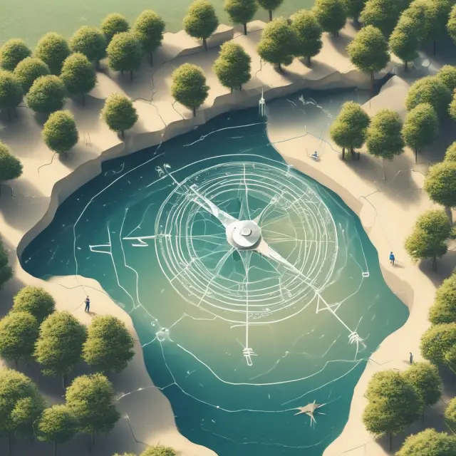 An offline debit card, like a girocard, navigating through the water with a compass from Visa or Mastercard network