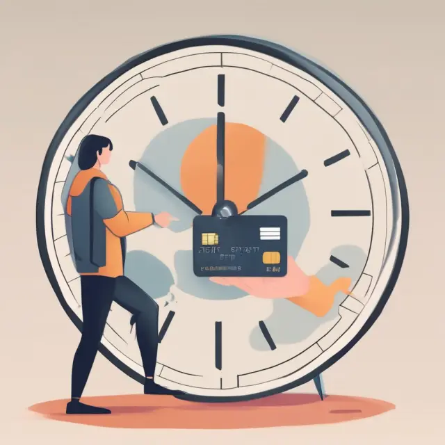 Person holding an offline debit card beside a clock, illustrating transaction delays. Offline Debit Card, Delayed Processing.