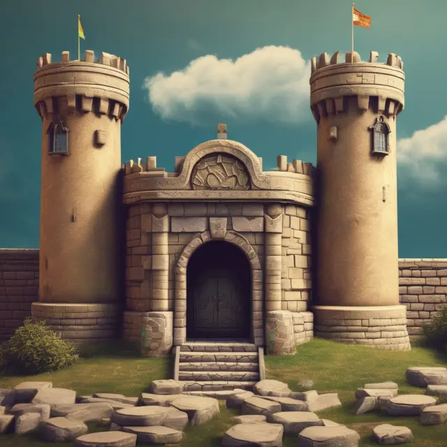 Fortified castle protecting an open laptop displaying a securely locked online bank account. Offline debit card in foreground.