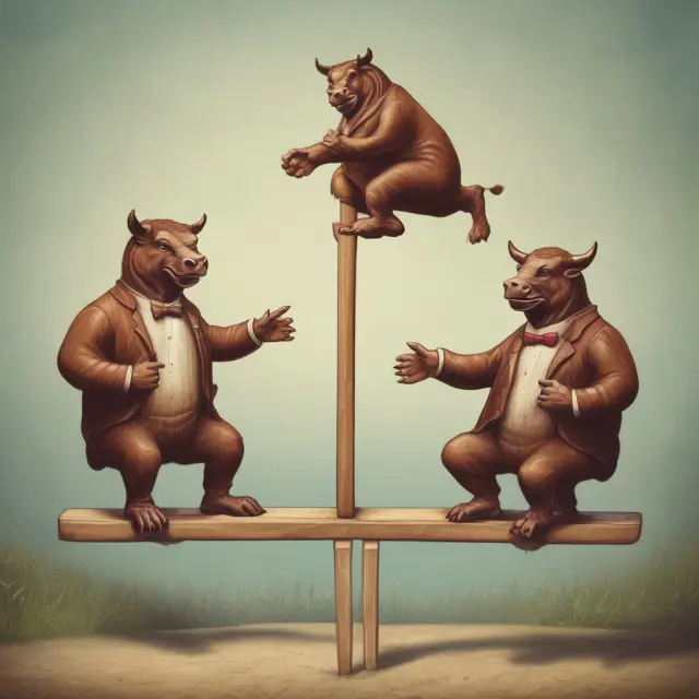 Bull and bear figures engaging in gamma and vega hedging techniques to maintain balanced options portfolio
