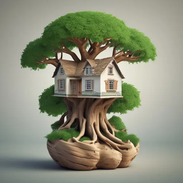Money tree with intertwined savings and mortgage branches, roots symbolizing reduced interest payments