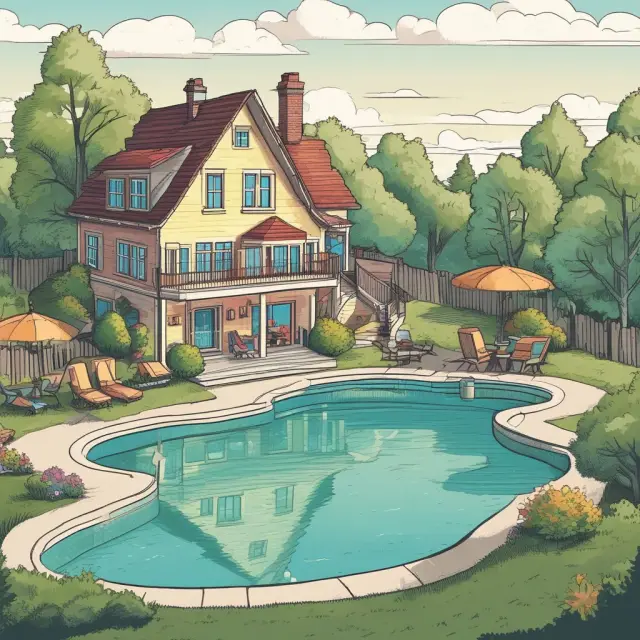 A grouping of interconnected pools, representing multiple savings accounts, offsetting the balance of a house on a scale - symbolizing an offset mortgage