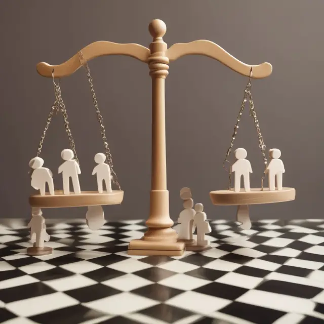 Two families shown with scales overflowing with savings, tipping the balance of an offset mortgage chessboard