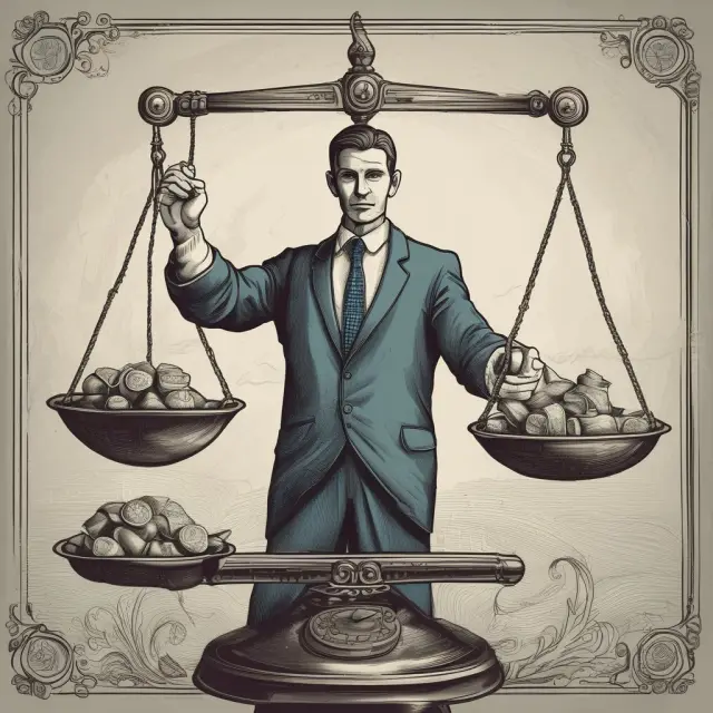 A trader delicately balancing a scale with offsetting transactions to manage risks in complex financial markets