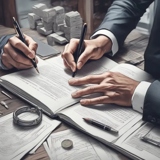 Two hands writing and buying back a call option contract to offset positions