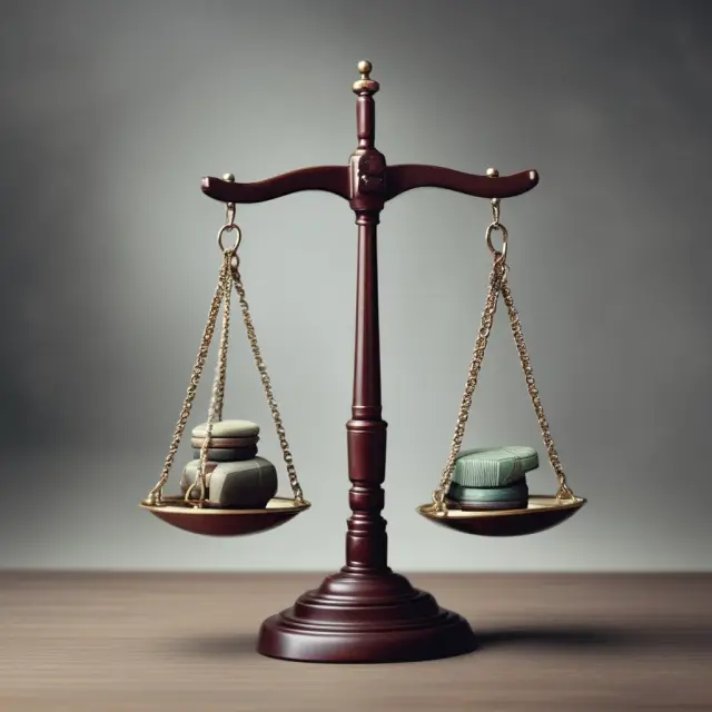 An image of a scale with one pan representing benefits and the other drawbacks, with an institutional investor considering the balance between them in front of financial charts