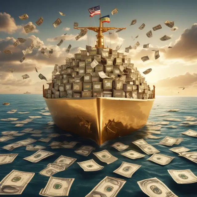 A golden offshore banking unit floating on an ocean of various currencies, illustrating its role in international transactions.