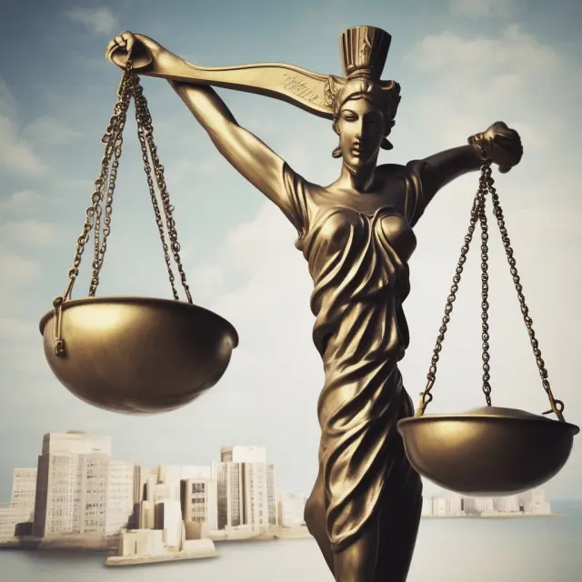 A balanced justice scale with one pan representing Offshore Banking Units and the other tax authorities, illustrating compliance and regulations in OBU usage.
