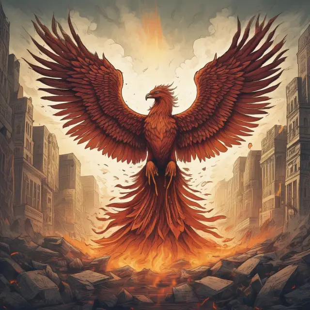 A Phoenix emerging from financial flames with digital and sustainable solutions in its talons