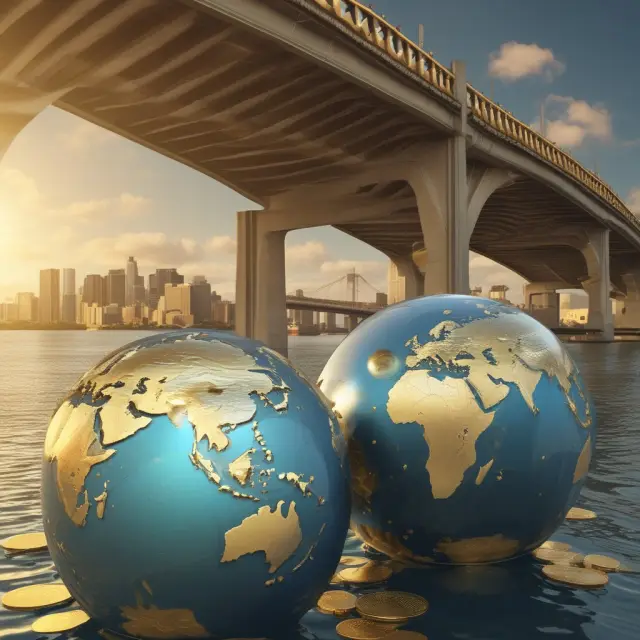 Visualization of Onshoring and Offshoring: Two globes representing domestic and foreign investments linked by a bridge pouring gold coins